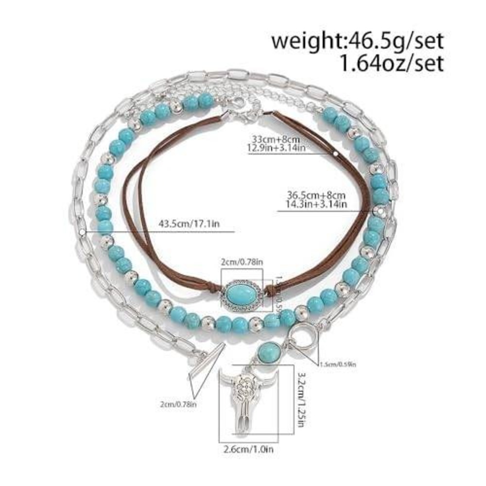 Boho Western Turquoise Layered Necklace Set Bull Skull Pendant Silver‎ Tone Boho - Picture 3 of 3